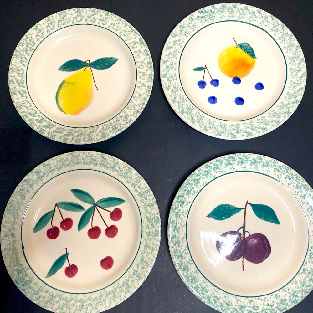 Lot Of 4 Hartstone Pottery Fruit Salad Plate Pear Peach Plum Cherry